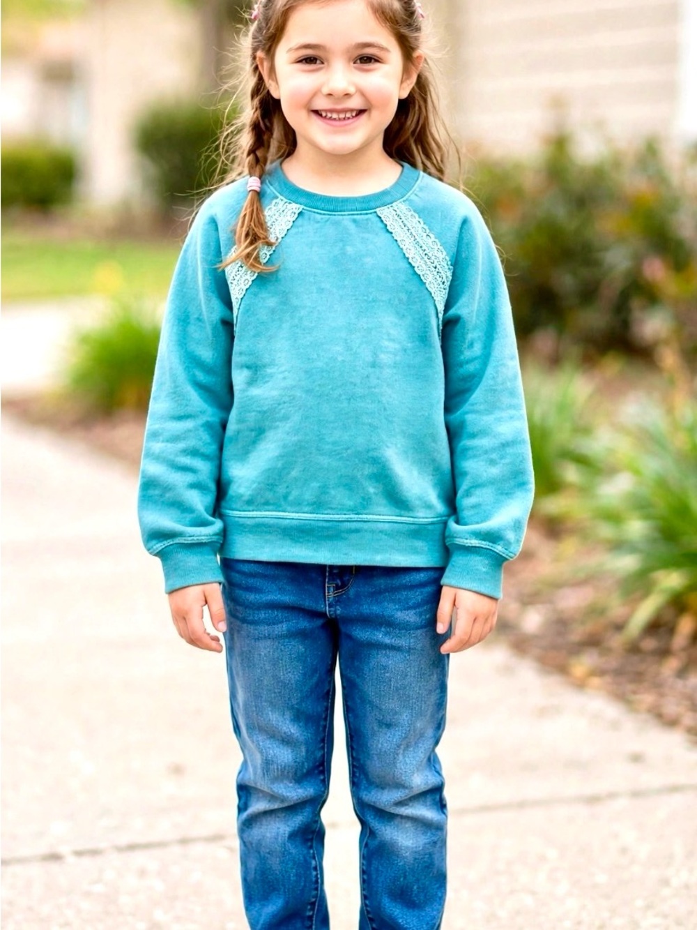Cat and Jack Girls Small Teal Lace-Detail Sweatshirt - Comfortable Everyday Top